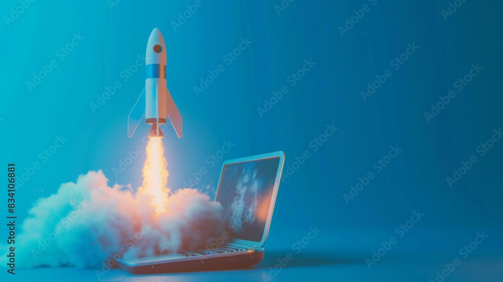 Poster 3d rendering of a rocket emerging from a laptop computer on a blue background, in the style of an ex