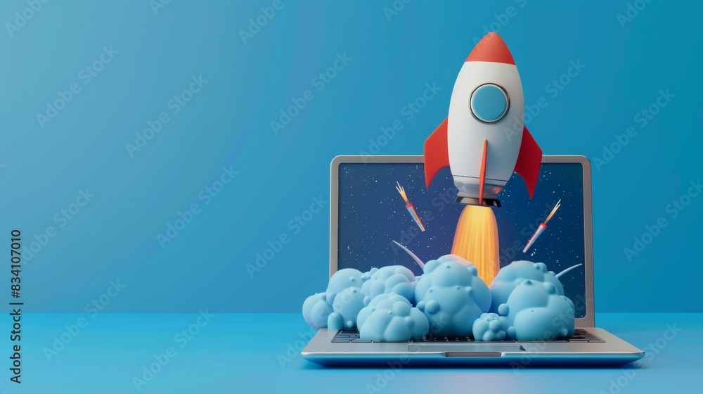 Poster 3d rendering of a rocket emerging from a laptop computer on a blue background, in the style of an ex