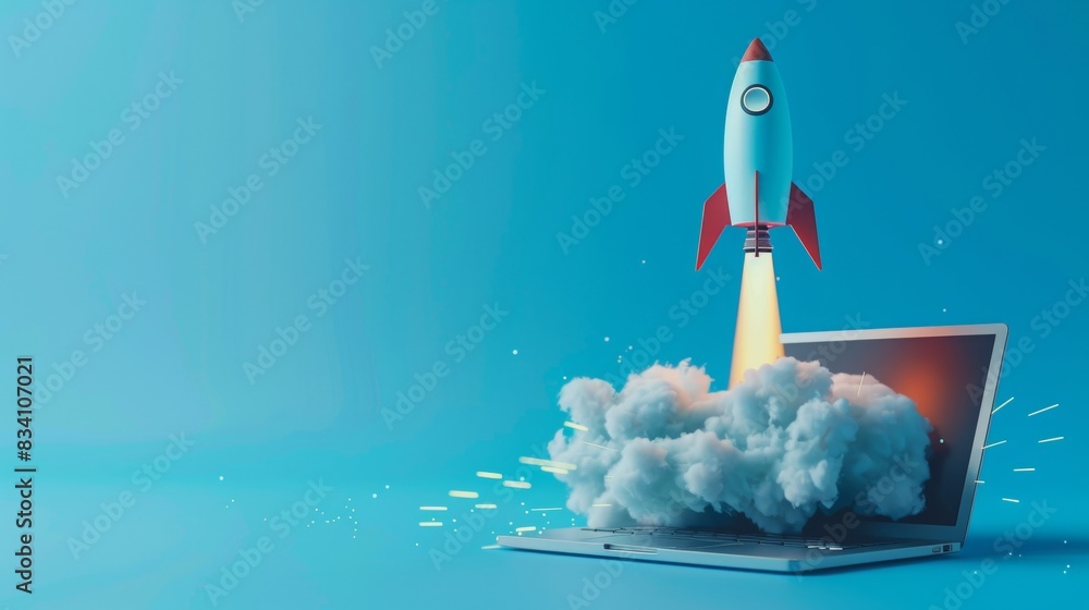 Poster 3d rendering of a rocket emerging from a laptop computer on a blue background, in the style of an ex