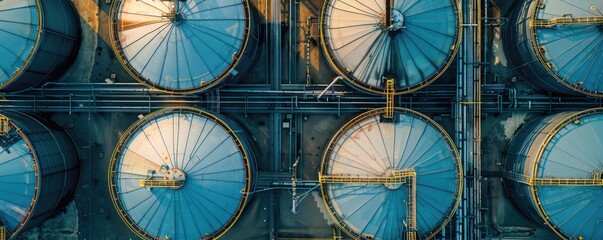 Obraz premium A high angle shot of several large, dark oil storage tanks, featuring intricate details of walkways and pipelines.