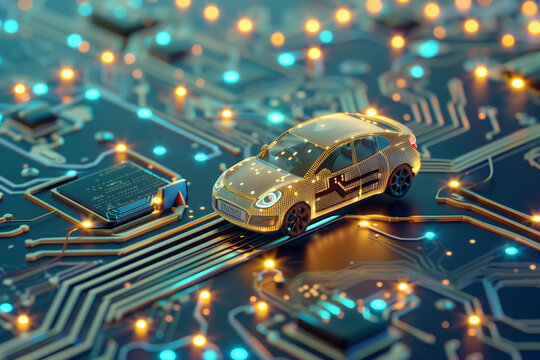 Small Car Positioned on Top of Printed Circuit