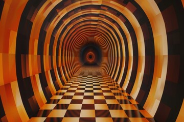 3D retro brown orange pattern illusion tunnel overview