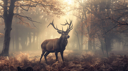 A majestic stag with large antlers standing in a misty forest at dawn