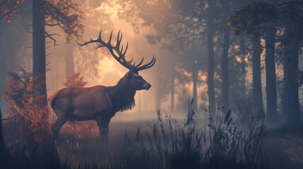 A majestic stag with large antlers standing in a misty forest at dawn