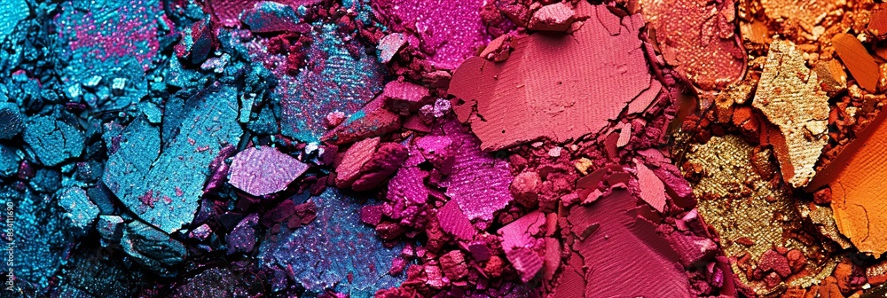 Poster close-up view of a colorful array of eyeshades, showcasing their rich hues and diverse textures. gen