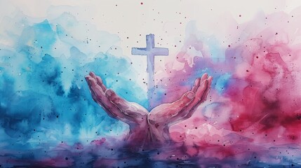 Spiritual Watercolor Illustration of Hands and Cross in Sky Generative AI