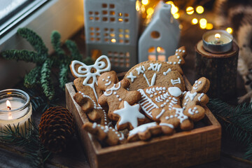 Handmade zero waste gift for Christmas or New Year. Wooden box with homemade delicious gingerbread...