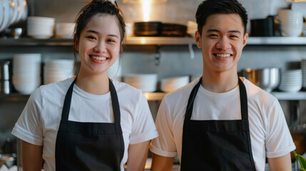 Asian chefs in aprons pose happily in a professional kitchen setting