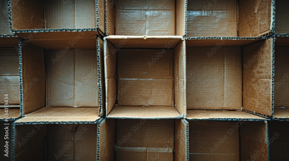 Poster empty cardboard boxes in warehouse. stacked empty cardboard boxes in a warehouse, ready for use in p