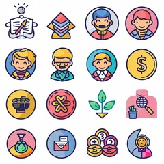 Fototapeta premium A set of cartoon faces with various expressions and objects such as a book