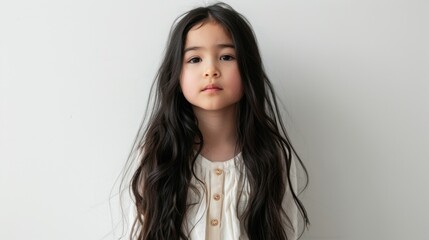a 7 year old girl with long black hair on a white background standing up looking forward