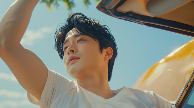 smiling asian driver  get out from his car on the road trip to rest at the gas station 