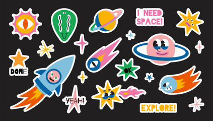 Set of trendy stickers for planner with white outline and cutting line, vector flat illustration. Space elements like rocket, planet, comet, star, sun and alien. Cute cartoon sticker pack