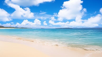 Scenic Tropical Beach with Clear Blue Water and White Clouds