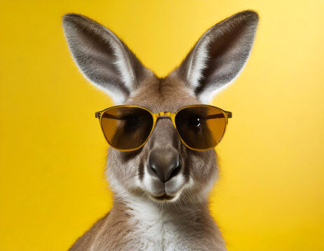 Retrato de un canguro con gafas de sol sobre fondo amarillo. Vista de frente y de cerca. Copy space. AI Generativa