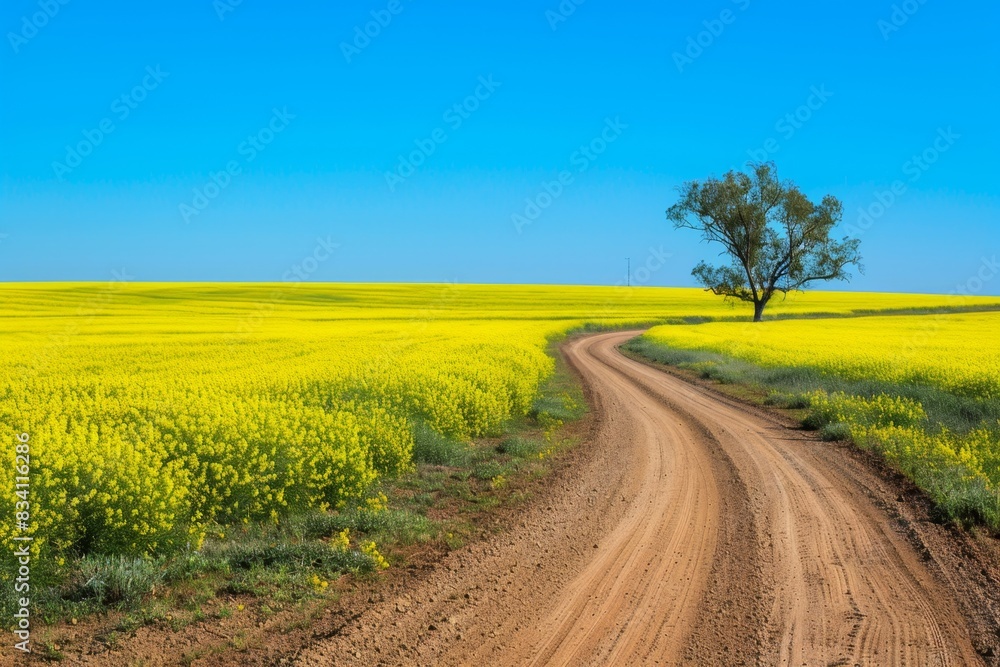 Poster dirt road leading through canola fields under a blue sky, showing the contrast between the green and