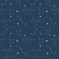 Constellations in the night sky seamless pattern background. Summer mood. Trendy summer pattern for wrapping paper, wallpaper, stickers, © Mirikiteki