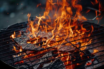 Meat cooking over flames on a round grill
