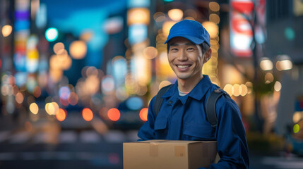 Fototapeta premium Happy delivery worker in blue uniform holding a package with vibrant city lights in the background