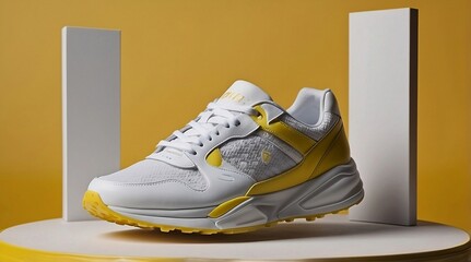 illustration of white sport sneaker shoes banner for footwear on a podium stand for commercials and retail offers on an isolated yellow background generative ai	