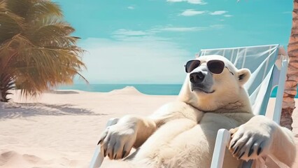 A polar bear is lounging on a white deck chair, wearing sunglasses on a sunny tropical beach. Palm trees and clear blue sky create a serene summer vibe. The mood is relaxed and sunny.