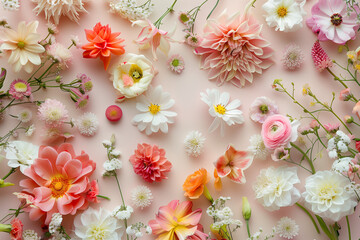 Fiori colorati sparsi su fondale rosa visti dall'alto