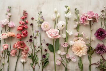 Fiori colorati sparsi su fondale bianco neutro