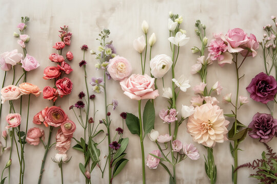 Fiori colorati sparsi su fondale bianco neutro