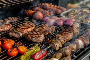 A close-up of a grill with sizzling steaks, vegetables, and skewers
