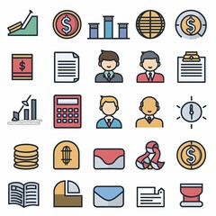 A collection of business icons including a calculator, a dollar sign, a globe