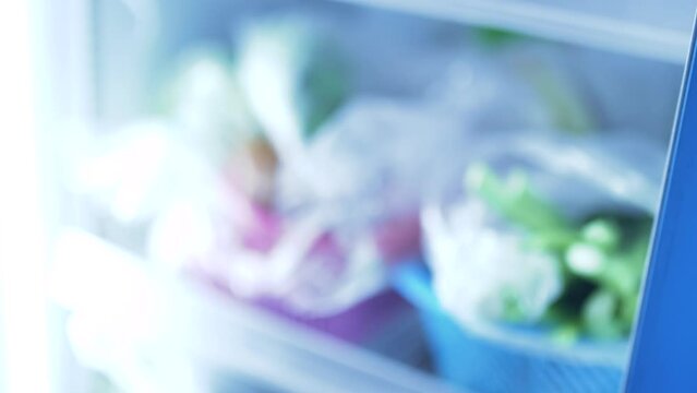 Open refrigerator. Blue refrigerator. Blurry for text.