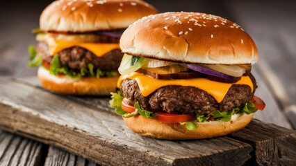 Two hamburgers on a wooden cutting board with cheese and lettuce, AI