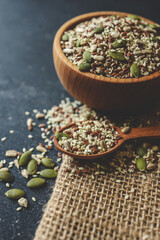 Mixed dry organic cereal and grain seed pile on white background. For healthy food ingredient or carbohydrate food type and agricultural product concept