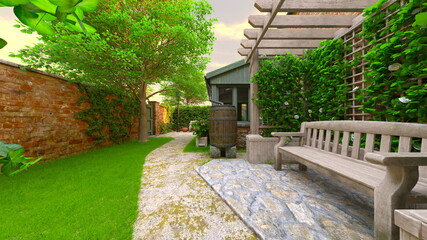 白いベンチがある裏庭　3DCGレンダリング