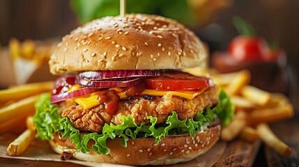 Tower of Temptation: Fried Chicken Burger with Melty Cheese (Food Photography, Burger)