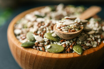 Mixed dry organic cereal and grain seed pile on white background. For healthy food ingredient or carbohydrate food type and agricultural product concept