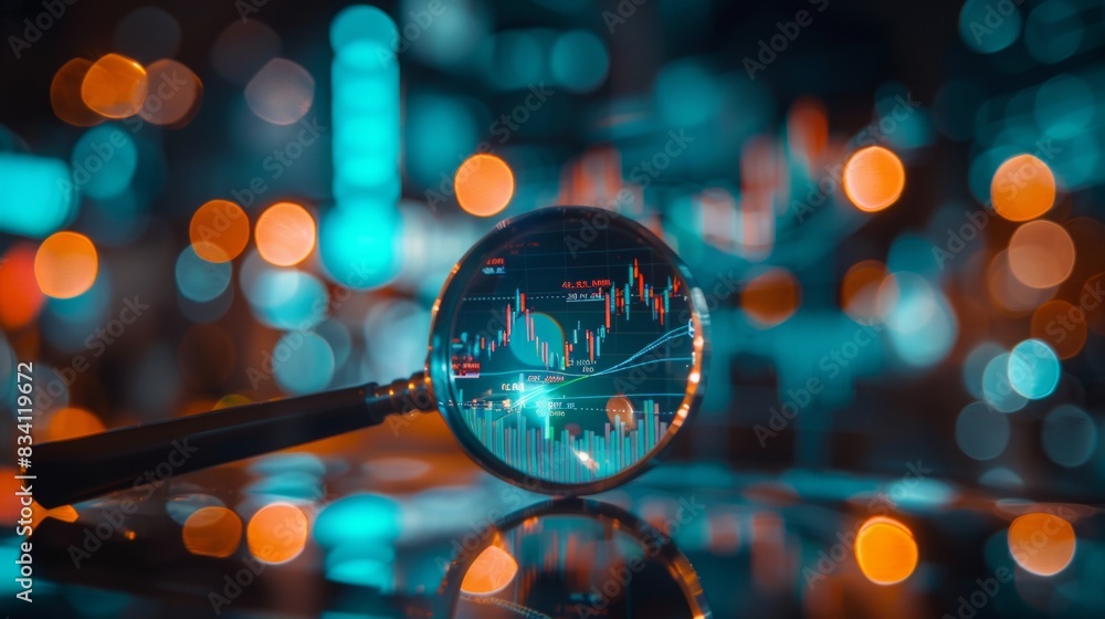 Poster a magnifying glass over financial data charts and graphs examining stock market analysis in the styl