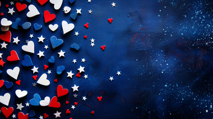 Patriotic Hearts and Stars on Blue for Independence Day. Generative AI image