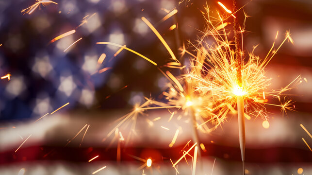 Sparkler ignited with American flag backdrop for 4th of July. Generative AI image