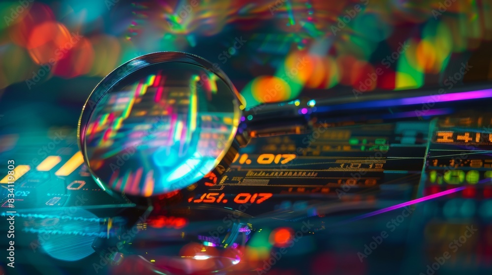 Poster a magnifying glass over financial data charts and graphs examining stock market analysis in the styl