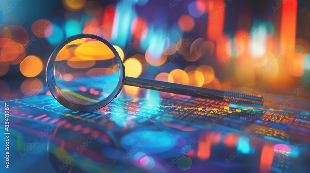 Poster a magnifying glass over financial data charts and graphs examining stock market analysis in the styl