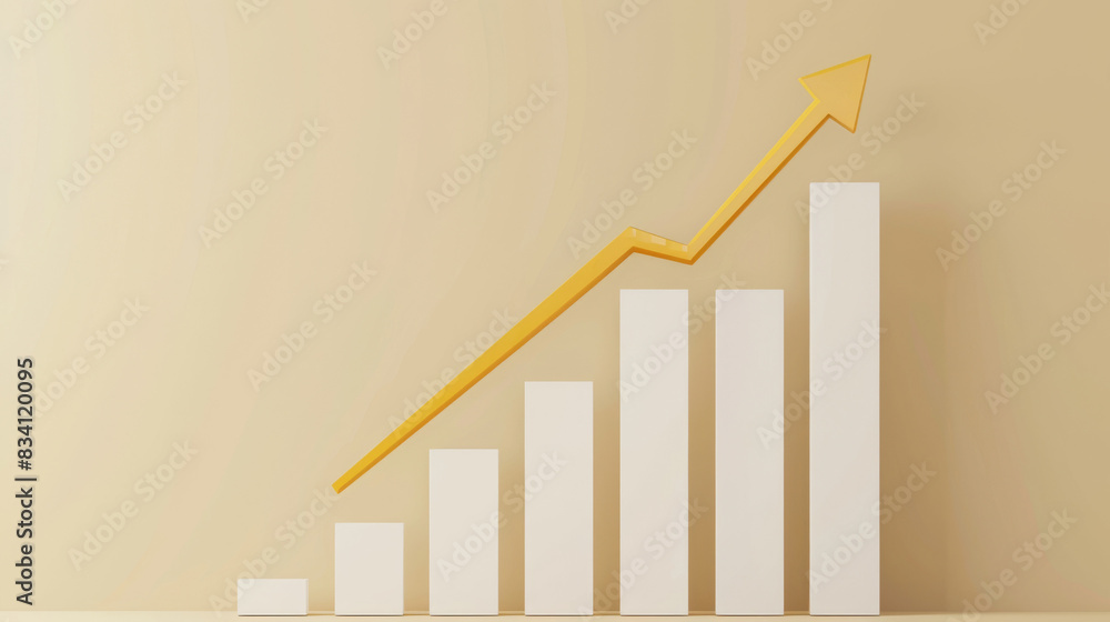 Poster simple 3d rendering of a gold arrow rising on a white chart with a soft pastel backdrop