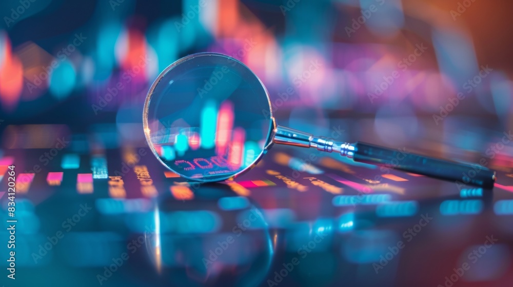 Poster a magnifying glass over financial data charts and graphs examining stock market analysis in the styl