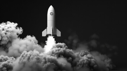 Obraz premium Rocket soaring through thick clouds into a pitch-black, starless night sky