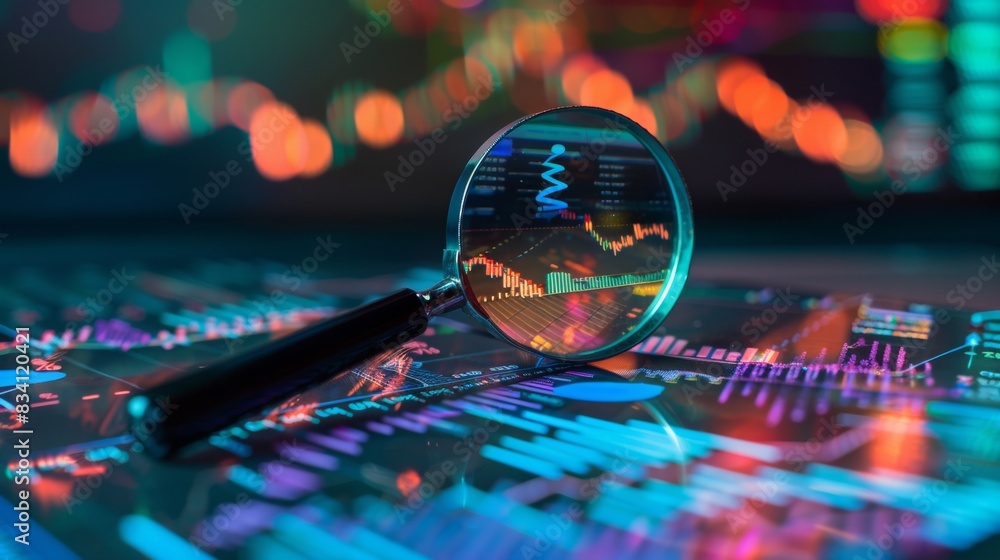 Poster a magnifying glass over financial data charts and graphs examining stock market analysis in the styl