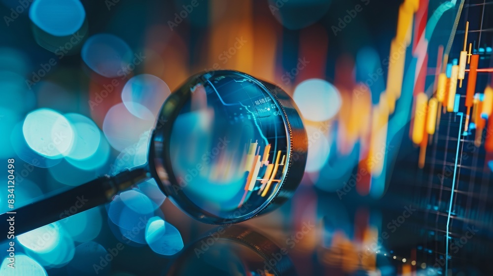 Poster a magnifying glass over financial data charts and graphs examining stock market analysis in the styl