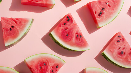 Fresh sliced watermelon pieces on a pink background. Generative AI image