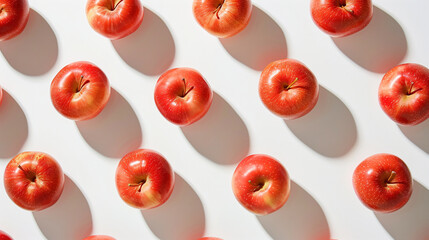 Patterned arrangement of red apples casting shadows. Generative AI image