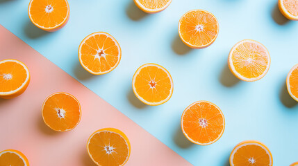 Freshly cut oranges on a dual-tone background. Generative AI image