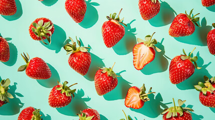 Fresh strawberries scattered on a teal background. Generative AI image